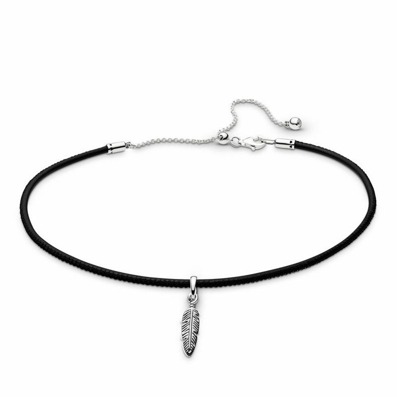 Cravată Pandora Leather Choker & Feather Argint/Negrii (bKxpThZu)